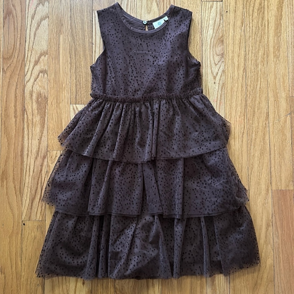 Enfant sz 7 layered brown spotted dress, tulle and cotton lining NWOT never worn